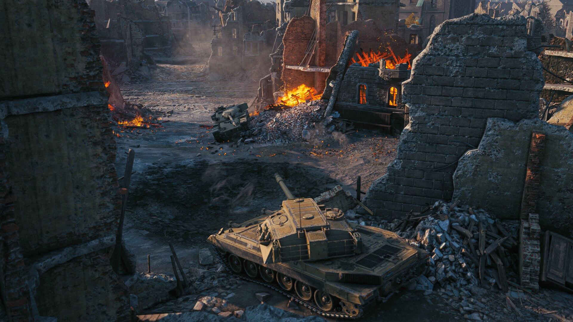 World of Tanksの市街地マップで戦車が戦う公式画像