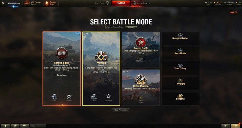 World of Tanksで戦闘モードを選択する公式ゲーム画面